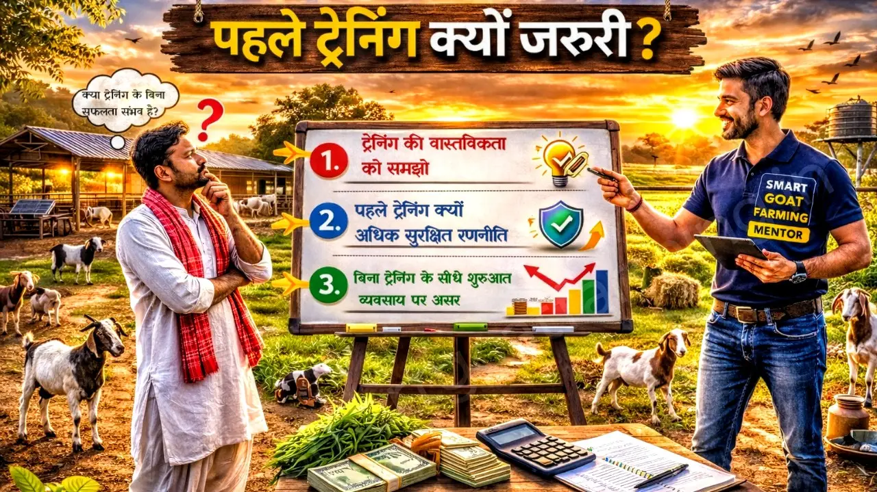 ग्रामीण खेत में स्मार्ट गोट फार्मिंग मेंटर किसानों को ट्रेनिंग के महत्व और रणनीति समझाते हुए