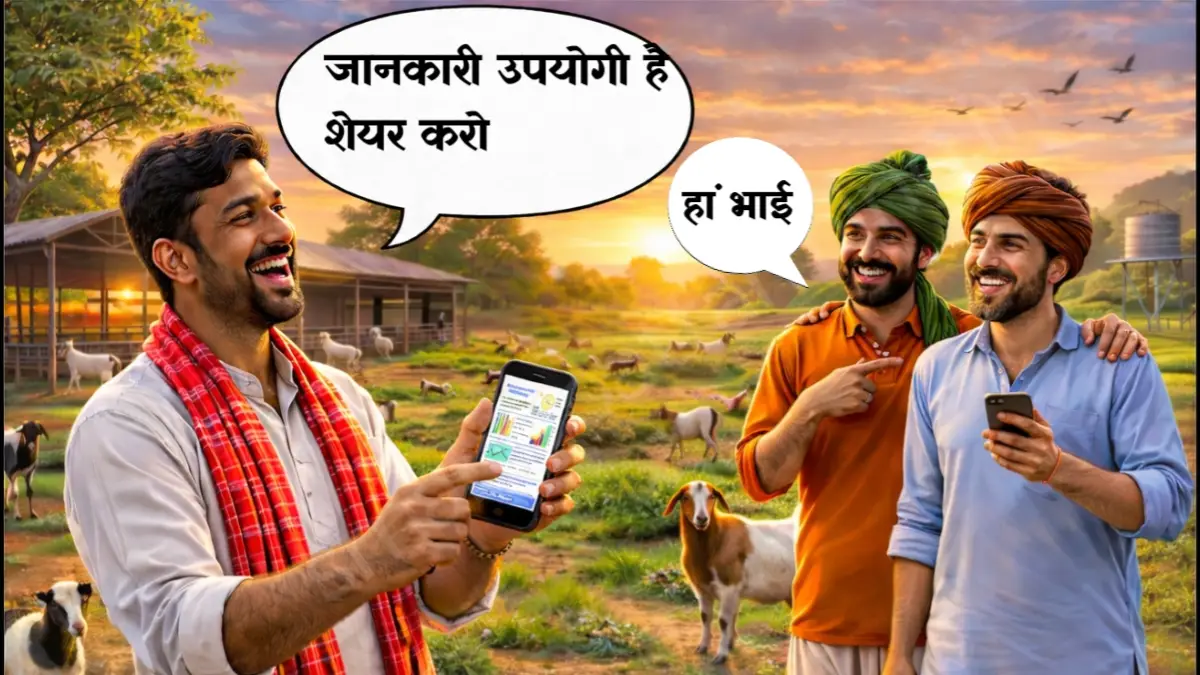 किसान मोबाइल पर गोट फार्मिंग जानकारी दिखाते हुए, अन्य किसान सहमति में मुस्कुराते हुए