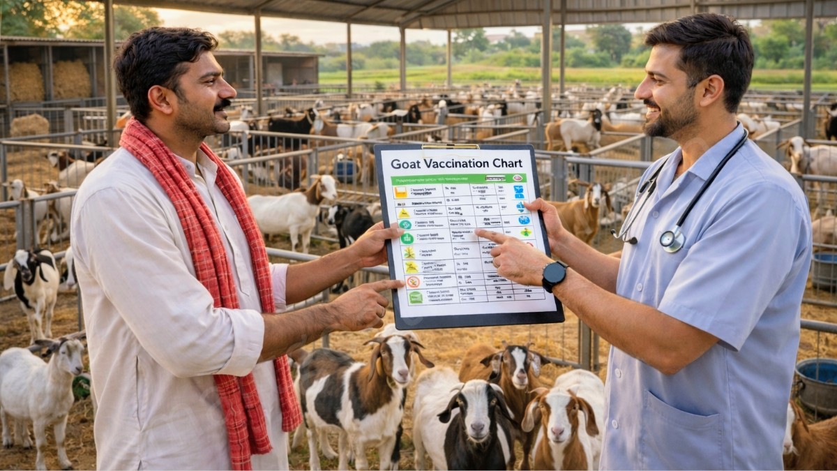 पशु चिकित्सक किसान को बकरी टीकाकरण चार्ट समझाते हुए, Goat Vaccination Guide
