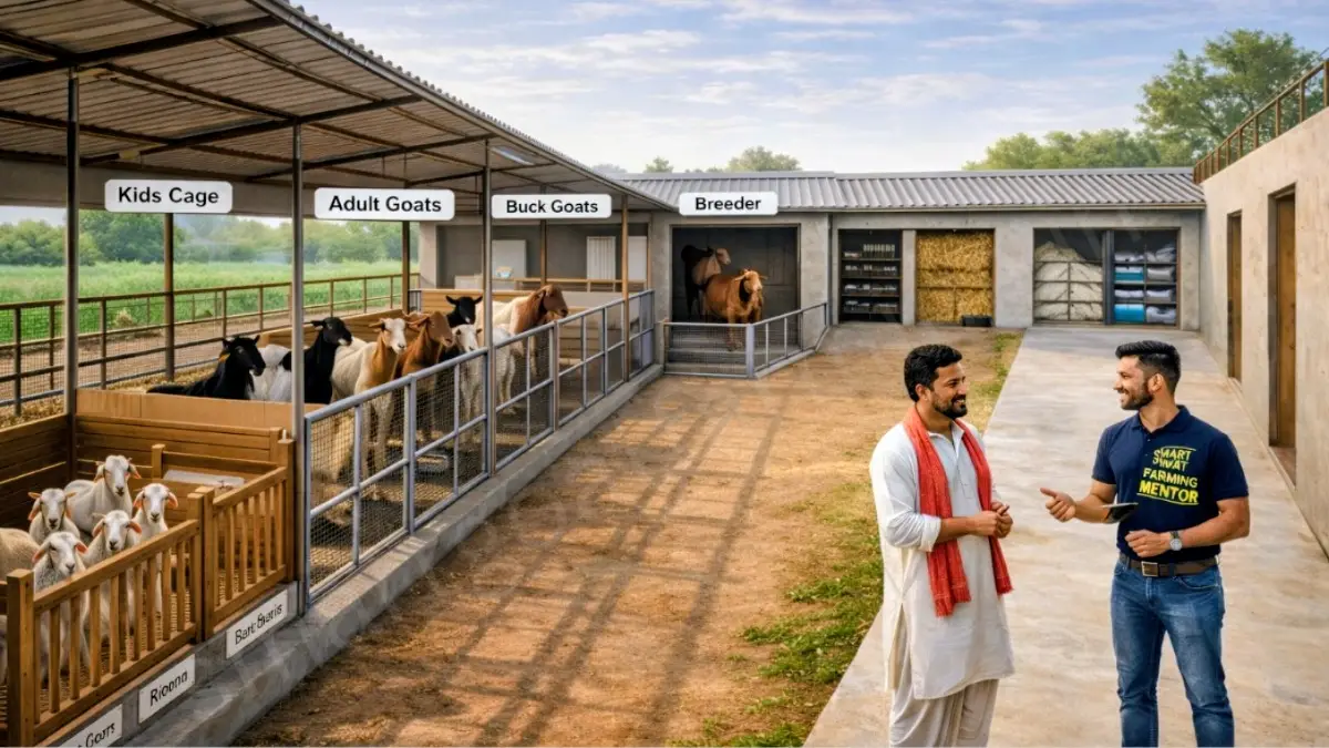 बकरी पालन के लिए आधुनिक शेड डिज़ाइन जिसमें Kids Cage, Adult Goats और Breeder सेक्शन दिख रहे हैं