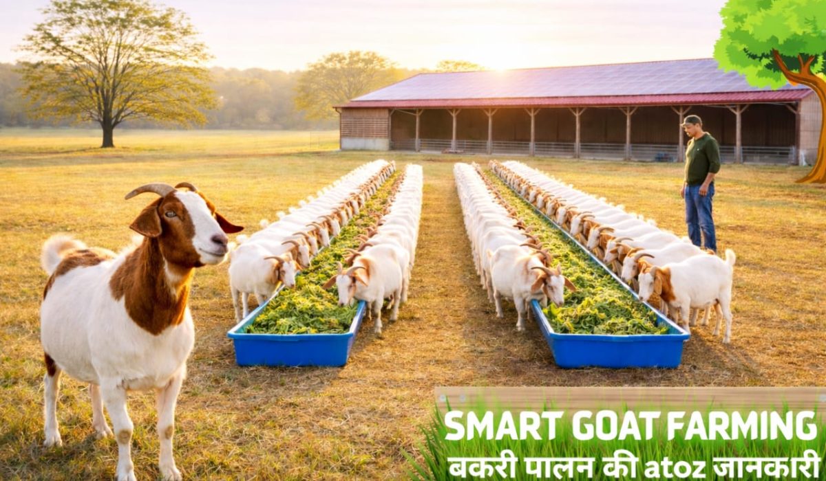 Smart Goat Farming home page banner with goats feeding in farm – Bakri Palan ki AtoZ Jaankari